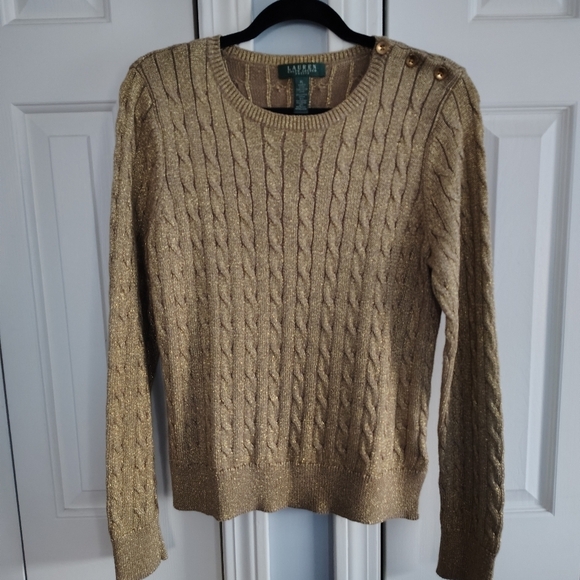Lauren Ralph Lauren Green Label Gold Metallic Cable Knit Sweater PL - Picture 5 of 12